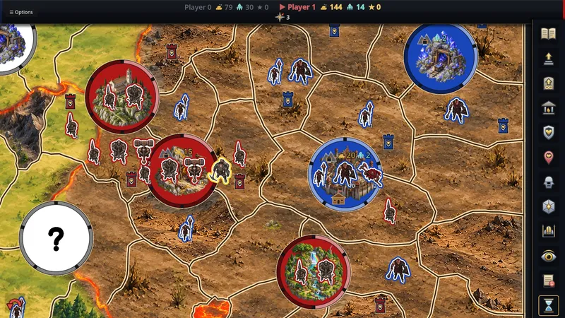 Die Karte in Runde 16: Armeen der Bluträuber und der Iron Weaver stehen sich an einem Lavafluss gegenüber