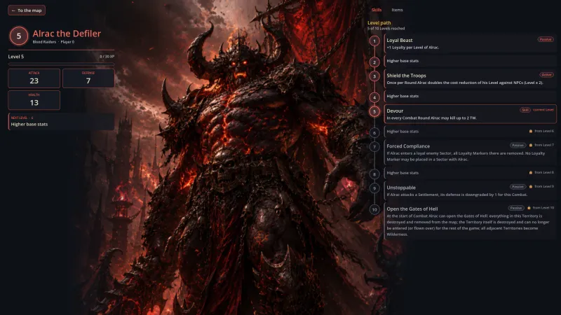 Hero screen of Alrac the Defiler, Blood Raiders, with his level path of skills