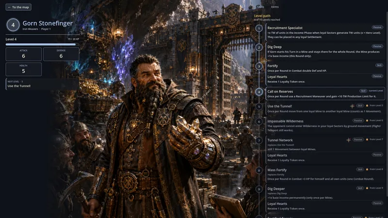 Heldenbogen von Gorn Stonefinger, Iron Weaver, auf Stufe 4 mit seinem Fähigkeitenpfad
