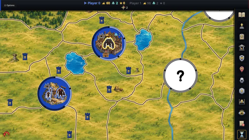 Part of the game map with settlements, lakes and a river